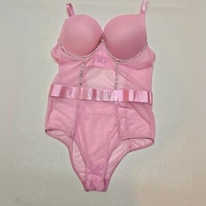 BCBG Pink Mesh Bodysuit with Rhinestone Trim and Logo Band